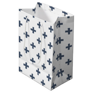 Blue-grey polka crosses on white medium gift bag