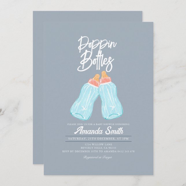 Blue Grey Poppin Bottles Baby Shower Invitation (Front/Back)
