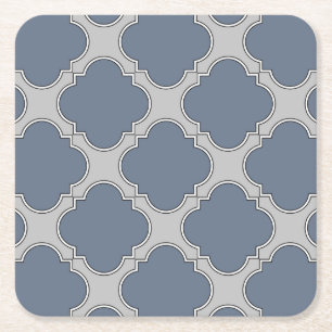 Blue-grey quatrefoil square paper coaster
