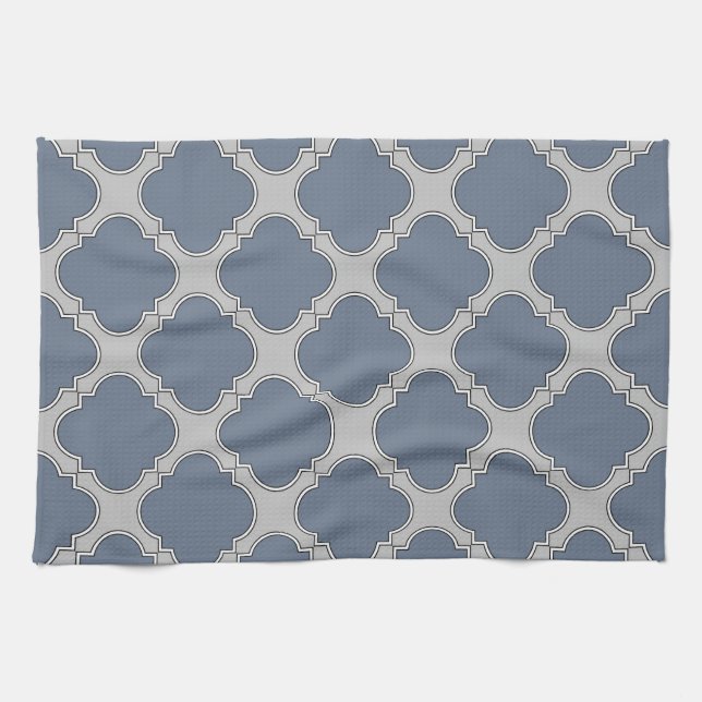Blue-grey quatrefoil tea towel (Horizontal)