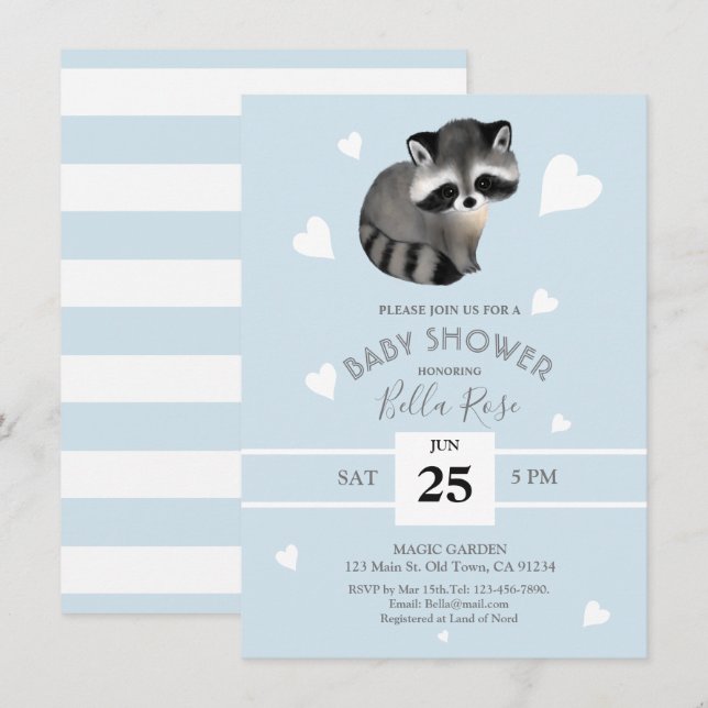 Blue Grey Racoon Baby Shower Invitations (Front/Back)
