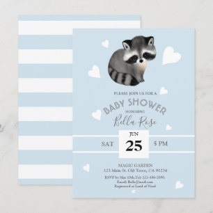 Blue Grey Racoon Baby Shower Invitations
