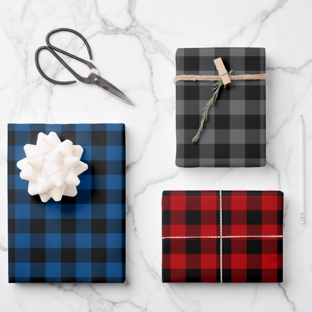 Blue Grey & Red Buffalo Plaid Wrapping Paper Sheet (Front)