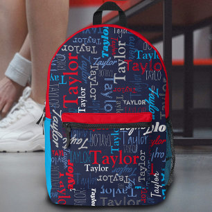 blue grey red personalised name all over printed backpack