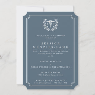 Blue-Grey Registered Nurse Caduceus+Laurel Wreath Invitation