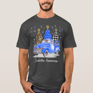 Blue Grey Ribbon Christmas Vintage Truck Diabetes T-Shirt