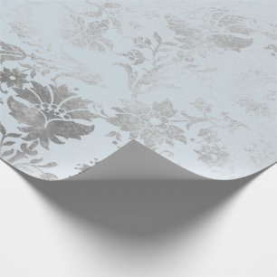 Blue Grey Roses Floral Cottage Grungy Damask Wrapping Paper