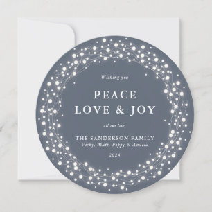 Blue-Grey Round Sparkling Lights Peace Love + Joy Holiday Card