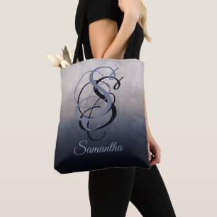 Blue Grey rustic monogram ombre Tote Bag