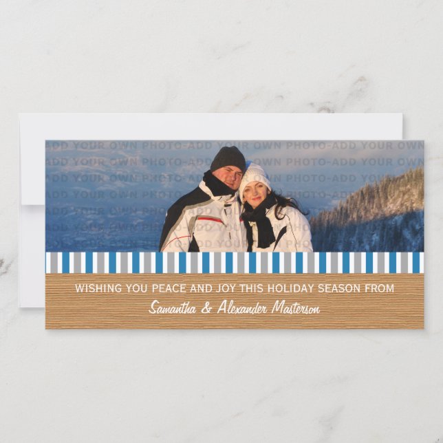 Blue/Grey Rustic Stripes Photo Card (Front)