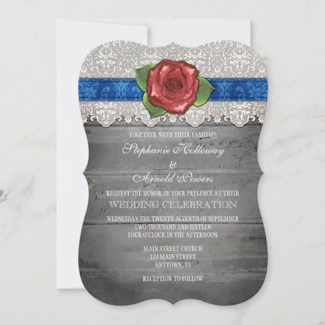 Blue Grey Rustic Wood Rose Wedding Invite (Front)