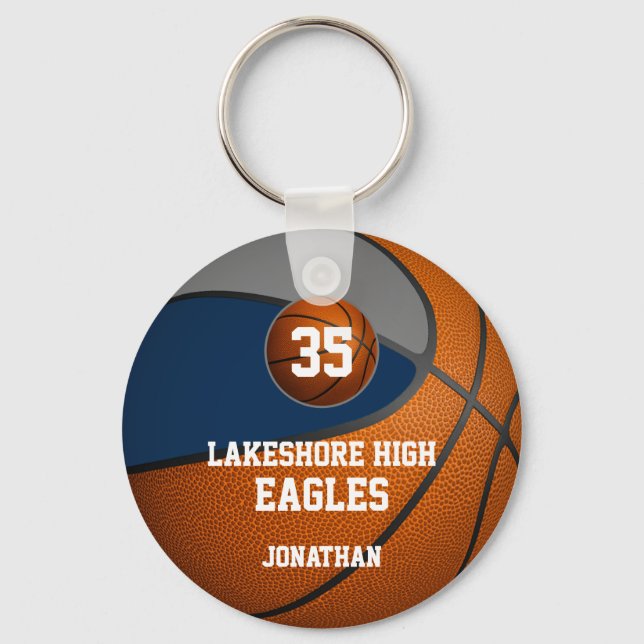 Blue grey school colours basketball team boys' key ring (Front)