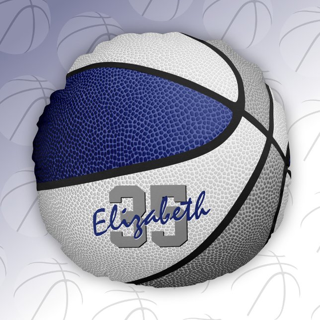 blue grey school colours girls boys basketball roo round cushion (Blue & gray sports room decor team colors basketball pillow)