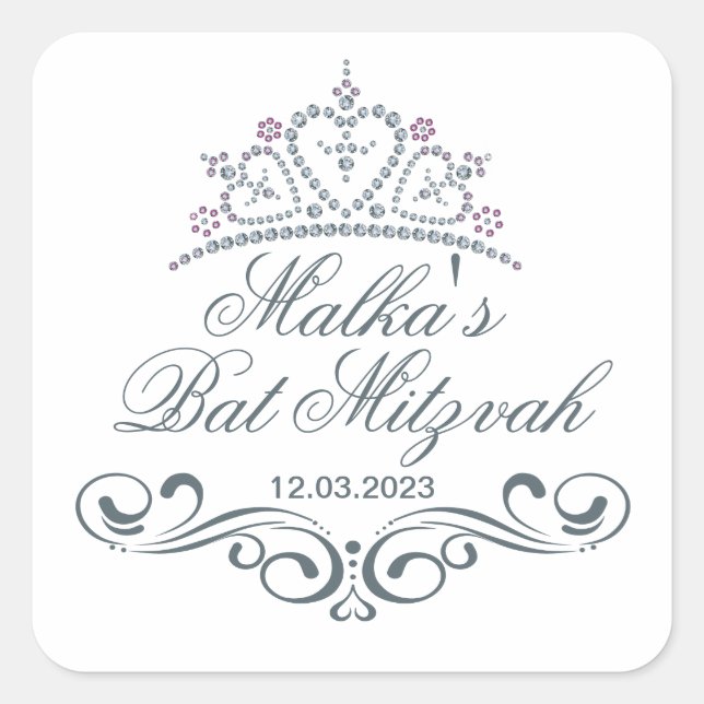 Blue grey scrolls, Tiara Bat Mitzvah Logo Square Sticker (Front)