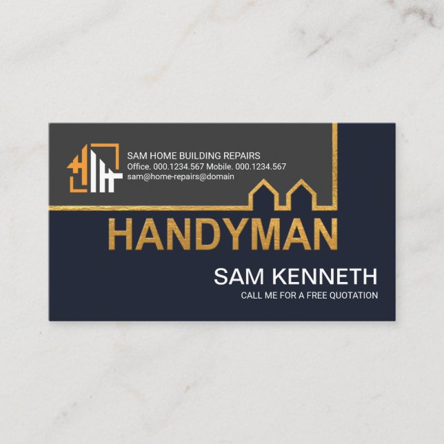 Blue Grey Shades Gold Building Line Home Repairs Business Card (Front)
