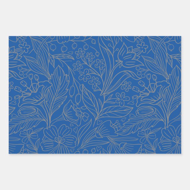 Blue Grey Silver Modern Floral Wrapping Paper (Front)