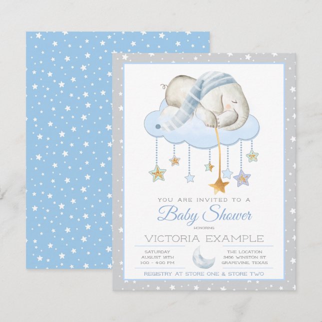 Blue Grey Sleepy Elephant Baby Shower Invitations (Front/Back)