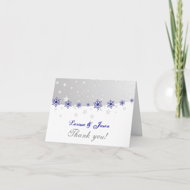 Blue, grey snowflake wedding Thank You photo Card (Front)