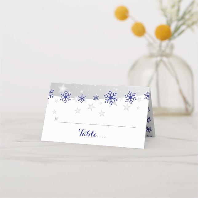Blue, grey snowflake winter wedding folded escort place card (Front)