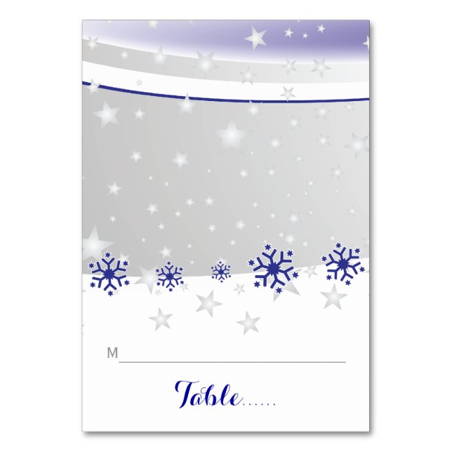 Blue, grey snowflakes wedding folded place card (Front)