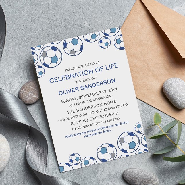 Blue Grey Soccer Ball Celebration of Life Invitation (Creator Uploaded)
