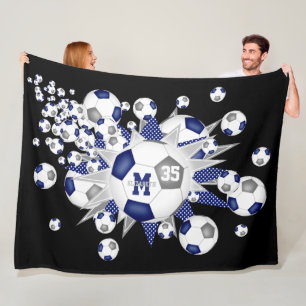 Blue grey soccer balls stars athlete name fleece blanket