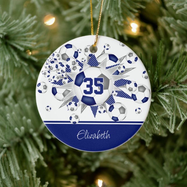 Blue grey soccer balls stars keepsake  ceramic tree decoration (Tree)