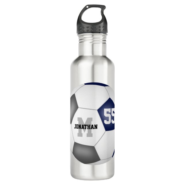 blue grey soccer team colours boys girls 710 ml water bottle (Front)