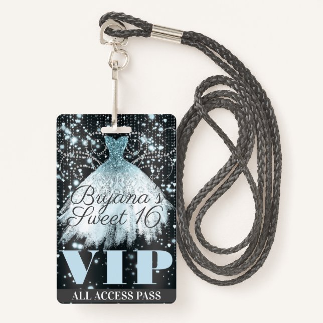 Blue Grey Sparkle Dress Sweet 16 VIP Pass ID Badge (Front with Lanyard)