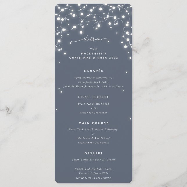 Blue-Grey Sparkling Lights Christmas Flat 4 Course Menu (Front)