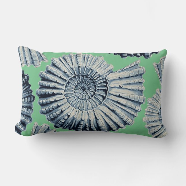 Blue Grey Spiral Seashells Sea Green Lumbar Cushion (Front)