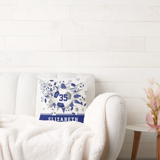 blue grey sports girls name soccer balls stars cushion (Couch)