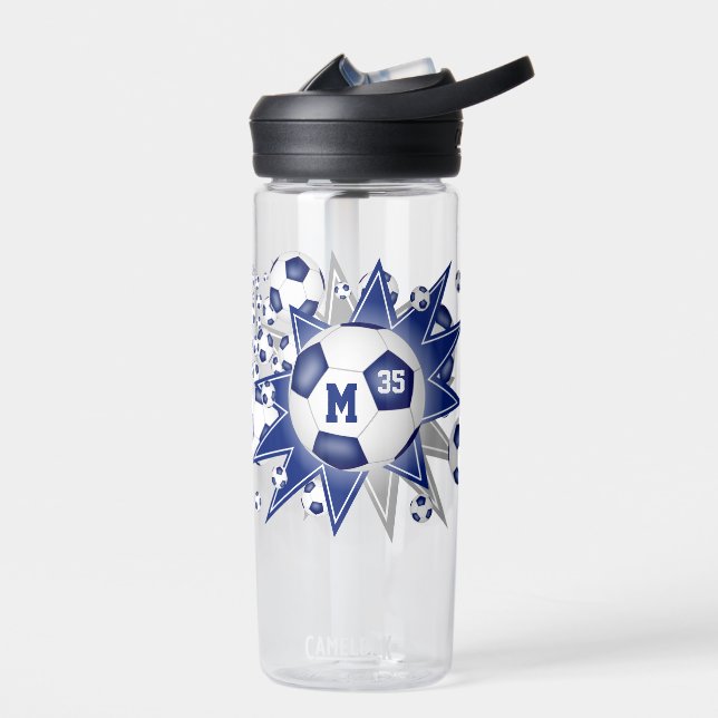 blue grey sports room decor soccer ball blowout water bottle (Left)