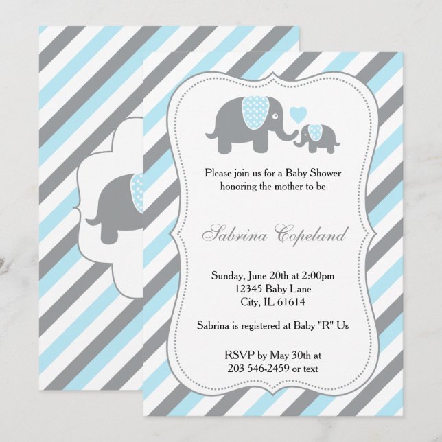 Blue & Grey Stripe Elephant Baby Shower Invitation (Front/Back)