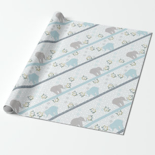 Blue & Grey Stripe Elephant Safari   Baby Shower Wrapping Paper