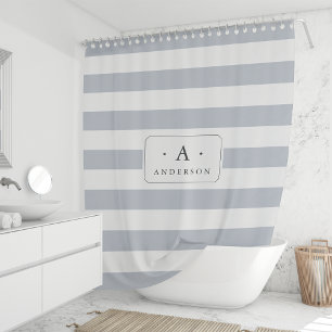 Blue Grey Stripe Family Name & Monogram Shower Curtain