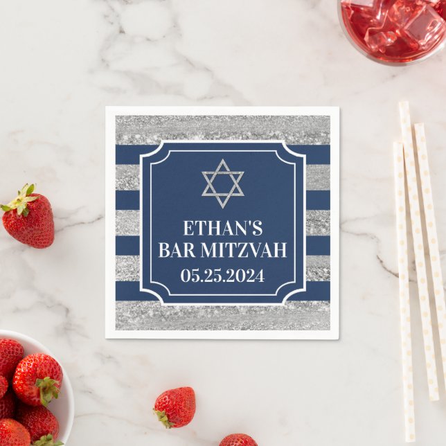 Blue, Grey Striped Bar Mitzvah Napkin (Insitu)