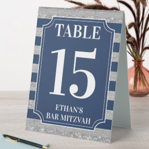 Blue, Grey Striped Bar Mitzvah Table Number