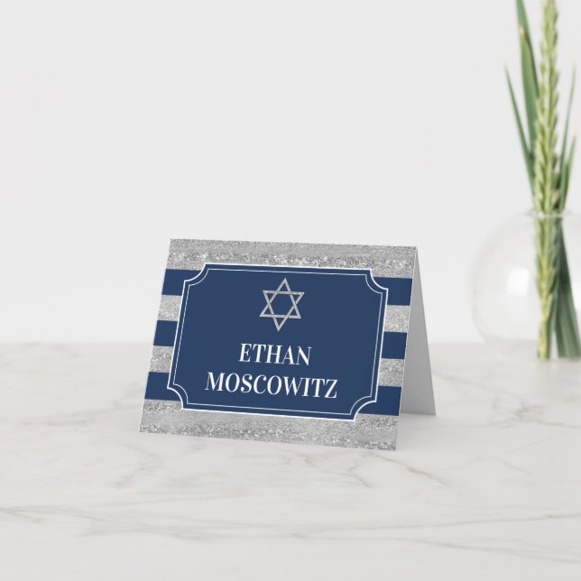 Blue, Grey Striped Bar Mitzvah Thank You Card (Front)