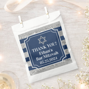 Blue, Grey Striped Bar Mitzvah Thank You  Favour Bags