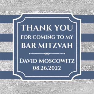 Blue, Grey Striped Bar Mitzvah Thank You Sticker