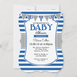 Blue Grey Stripes Baby Shower Invitation
