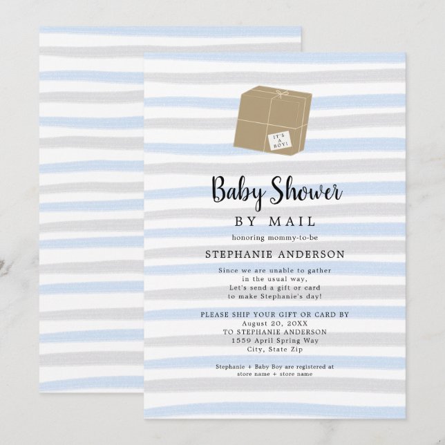 Blue Grey Stripes Boy Baby Shower by mail Invitation (Front/Back)