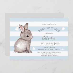 Blue Grey Stripes Bunny Heart Baby Shower Invite