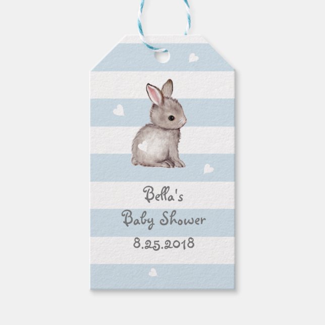 Blue Grey Stripes Bunny Heart Gift Tag (Front)