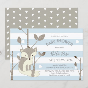 Blue Grey Stripes Fox Heart Baby Shower Invitation
