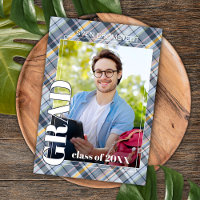 Blue Grey Tartan Plaid Graduation Announcement