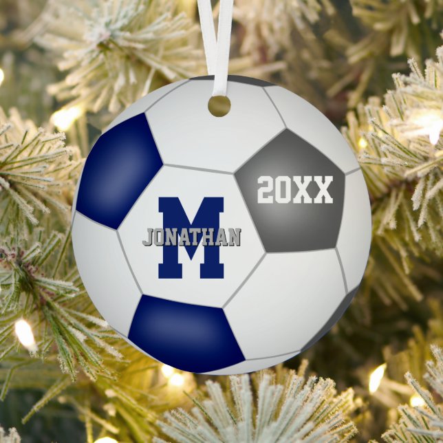 blue grey team colours boys girls soccer keepsake metal tree decoration (Insitu)