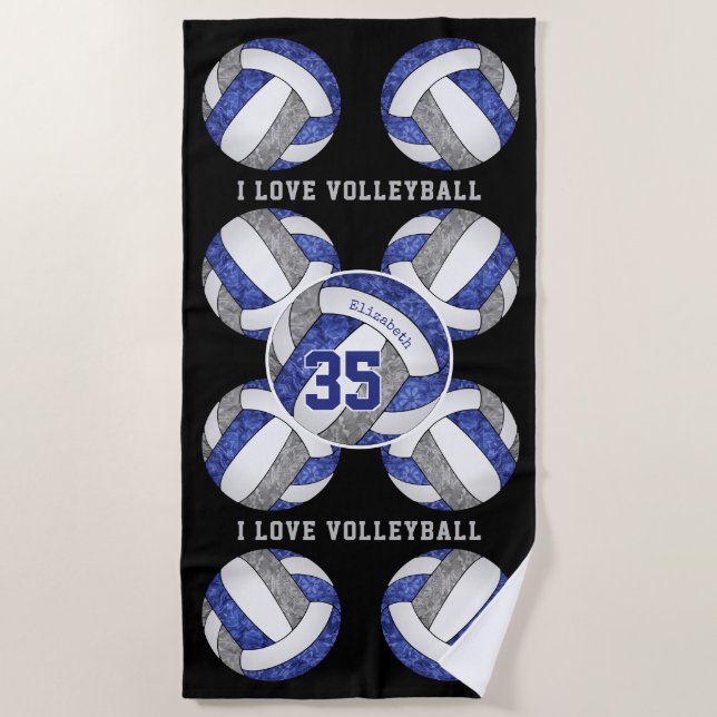 blue grey team colours I love volleyball girly Beach Towel (Front)