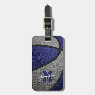 blue grey team colours monogrammed basketball luggage tag